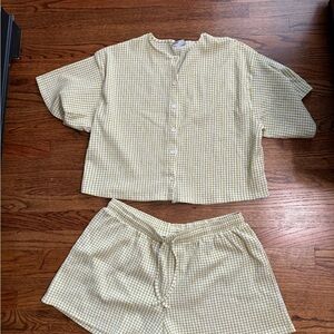 Green Checkered Button-Up Shirt and Shorts Set